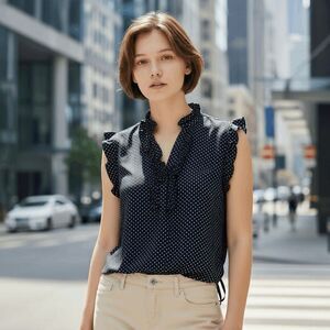 Agnes B. Paris Ruffle Top Tie Back Navy w/White Polka Dots Cotton Medium